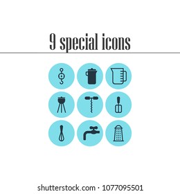 Vector illustration of 9 kitchenware icons. Editable set of waterworks, whisk, carafe and other icon elements.