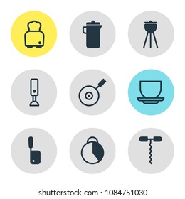 Vector illustration of 9 kitchenware icons. Editable set of toaster, corkscrew, mug and other icon elements.