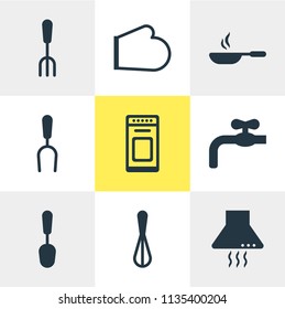 Vector illustration of 9 kitchenware icons. Editable set of whisk, bbq fork, waterworks and other icon elements.