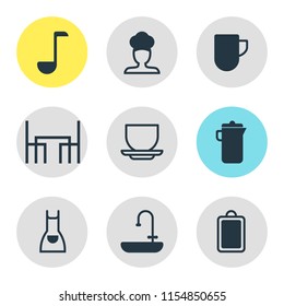 Vector illustration of 9 kitchenware icons. Editable set of chef, sink, dining table and other icon elements.
