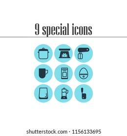 Vector illustration of 9 kitchenware icons. Editable set of juicer, saucepan, stove and other icon elements.