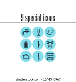Vector illustration of 9 kitchenware icons. Editable set of gas stove, waterworks, blender and other icon elements.