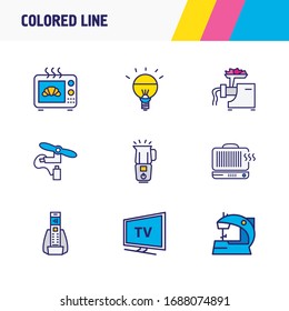 Vector illustration of 9 kitchenware icons colored line. Editable set of home electric phone, blender, electric grill and other icon elements.