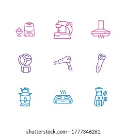 Vektorgrafik von 9 Küchengeschirr-Symbolen im Linienstil. Essbare Küchenhaube, elektrischer Samovar, elektrischer Rasierapparat und andere Icon-Elemente.