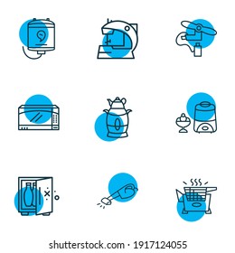 Vector illustration of 9 kitchenware icons line style. Editable set of electric samovar, electric sewing machine, small electric water heater and other icon elements.