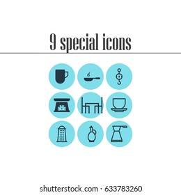 Vector Illustration Of 9 Kitchenware Icons. Editable Pack Of Coffee Cup, Tea Cup, Measuring Tool And Other Elements.