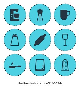 Vector Illustration Of 9 Kitchenware Icons. Editable Pack Of Wine, Frying Pan, Mixer And Other Elements.