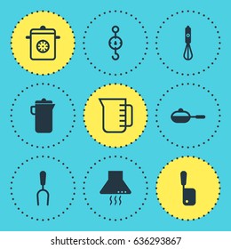 Vector Illustration Of 9 Kitchenware Icons. Editable Pack Of Handmixer, Extractor Appliance, Pan Elements.