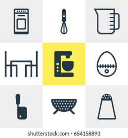 Vector Illustration Of 9 Kitchenware Icons. Editable Pack Of Mixer, Butcher Knife, Carafe And Other Elements.