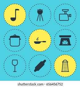 Vector Illustration Of 9 Kitchenware Icons. Editable Pack Of Wine, Slicer, Frying Pan And Other Elements.