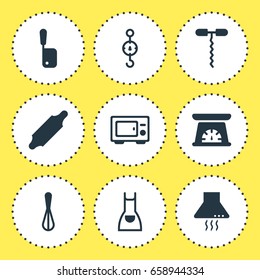 Vector Illustration Of 9 Kitchenware Icons. Editable Pack Of Butcher Knife, Oven, Bakery Roller And Other Elements.