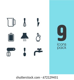 Vector Illustration Of 9 Kitchenware Icons. Editable Pack Of Kitchen Dagger, Extractor Appliance, Faucet And Other Elements.