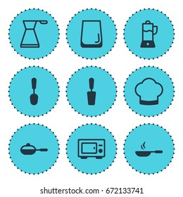 Vector Illustration Of 9 Kitchenware Icons. Editable Pack Of Kettle, Frying Pan, Spatula And Other Elements.