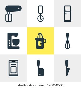 Vector Illustration Of 9 Kitchenware Icons. Editable Pack Of Kitchen Dagger, Whisk, Corolla And Other Elements.