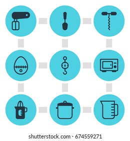 Vector Illustration Of 9 Kitchenware Icons. Editable Pack Of Steelyard, Shaker, Tablespoon And Other Elements.