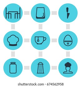 Vector Illustration Of 9 Kitchenware Icons. Editable Pack Of Breakfast, Can, Chef Hat And Other Elements.