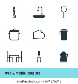 Vector Illustration Of 9 Kitchenware Icons. Editable Pack Of Washstand, Oven Mitts, Barbecue Tool Elements.