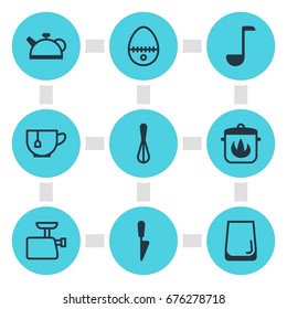 Vector Illustration Of 9 Kitchenware Icons. Editable Pack Of Kitchen Dagger, Teakettle, Stewpot And Other Elements.