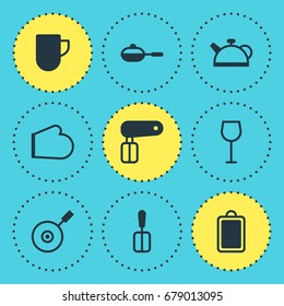 Vector Illustration Of 9 Kitchenware Icons. Editable Pack Of Wine, Pan, Oven Mitts And Other Elements.