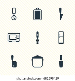 Vector Illustration Of 9 Kitchenware Icons. Editable Pack Of Chopping Desk, Refrigerator, Spatula And Other Elements.
