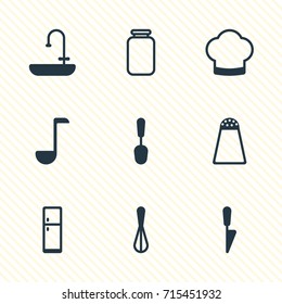 Vector Illustration Of 9 Kitchenware Icons. Editable Pack Of Pepper Container, Chef, Soup Spoon And Other Elements.