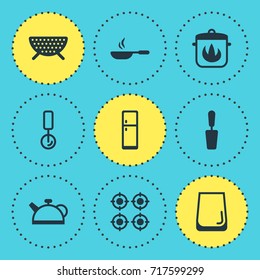 Vector Illustration Of 9 Kitchenware Icons. Editable Pack Of Sieve, Stewpot, Frying Pan And Other Elements.