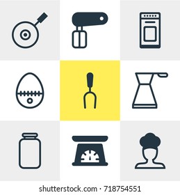 Vector Illustration Of 9 Kitchenware Icons. Editable Pack Of Kettle, Oven, Cook And Other Elements.