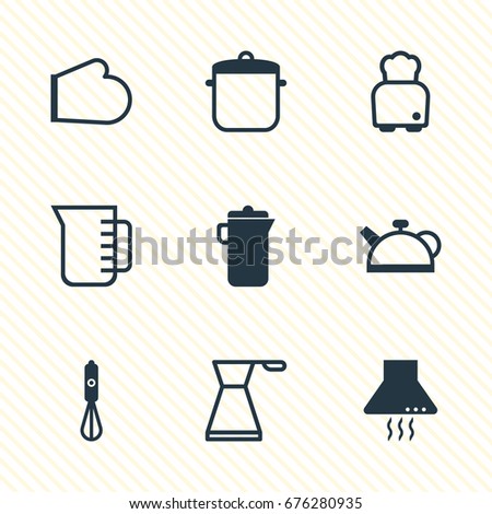 Vector Illustration Of 9 Kitchenware Icons. Editable Pack Of Kettle, Handmixer, Extractor Appliance Elements.