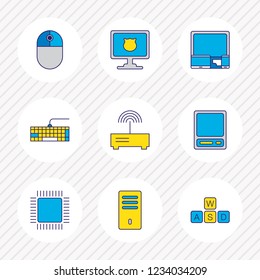Vector illustration of 9 laptop icons colored line. Editable set of vintage computer, modem, mouse and other icon elements.