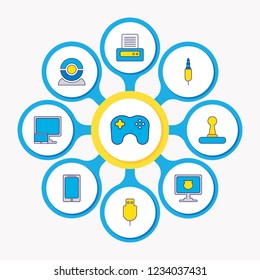 Vector illustration of 9 laptop icons colored line. Editable set of usb cable, game controller, web cam and other icon elements.