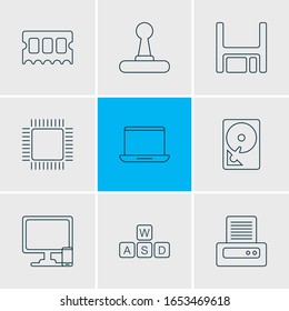 Vector illustration of 9 laptop icons line style. Editable set of ram, hdd, floppy disk and other icon elements.