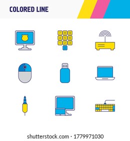 Vector illustration of 9 laptop icons colored line. Editable set of laptop, modem, mouse and other icon elements.