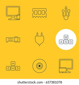 Vector Illustration Of 9 Laptop Icons. Editable Pack Of Keyboard, Keypad, Phone Near Computer And Other Elements.
