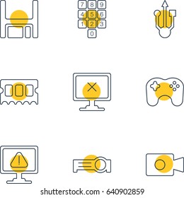 Vector Illustration Of 9 Laptop Icons. Editable Pack Of Memory Chip, Presentation, Number Keypad And Other Elements.