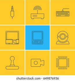 Vector Illustration Of 9 Laptop Icons. Editable Pack Of Microprocessor, Movie Cam, Gadgets And Other Elements.