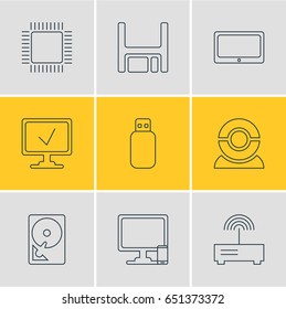 Vector Illustration Of 9 Laptop Icons. Editable Pack Of Phone Near Computer, Flash Drive, Router And Other Elements.