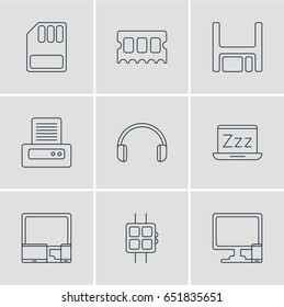 Vector Illustration Of 9 Laptop Icons. Editable Pack Of Storage, Printer, Headsets And Other Elements.