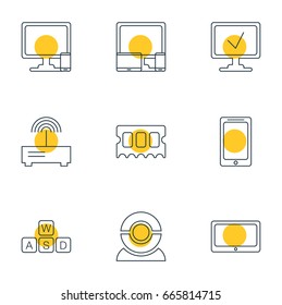 Vector Illustration Of 9 Laptop Icons. Editable Pack Of Tablet, Router, Phone Near Computer And Other Elements.