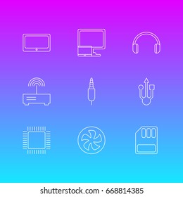 Vector Illustration Of 9 Laptop Icons. Editable Pack Of Router, Tablet With PC, Cooler And Other Elements.