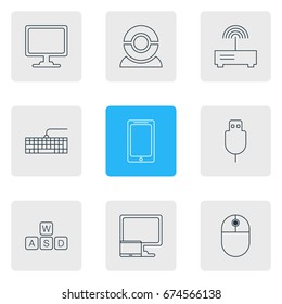 Vector Illustration Of 9 Laptop Icons. Editable Pack Of Tablet With PC, Serial Bus, Qwerty Board And Other Elements.