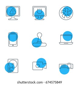 Vector Illustration Of 9 Laptop Icons. Editable Pack Of Game Controller, Hard Drive Disk, Warning And Other Elements.