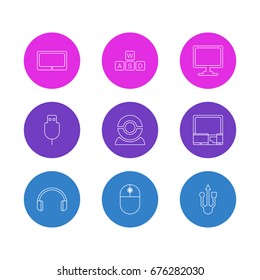 Vector Illustration Of 9 Laptop Icons. Editable Pack Of Screen, Serial Bus, Tablet And Other Elements.