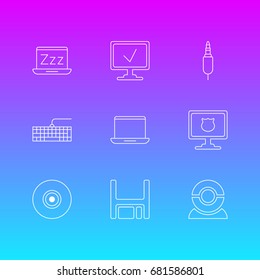 Vector Illustration Of 9 Laptop Icons. Editable Pack Of Antivirus, Qwerty Board, Web Camera And Other Elements.