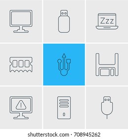 Vector Illustration Of 9 Laptop Icons. Editable Pack Of Laptop, Serial Bus, Screen And Other Elements.