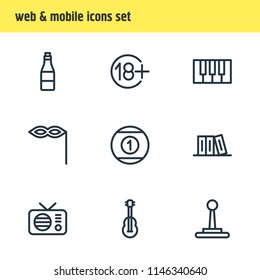 Vector illustration of 9 leisure icons line style. Editable set of guitar, alcohol, library and other icon elements.