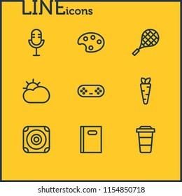 Vector illustration of 9 leisure icons line style. Editable set of carrot, tennis, sun and other icon elements.