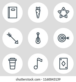 Vector illustration of 9 leisure icons line style. Editable set of target, playing card, arrow and other icon elements.
