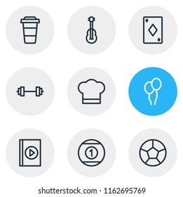 Vector illustration of 9 leisure icons line style. Editable set of coffee to go, cook hat, audio book and other icon elements.