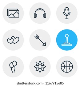 Vector illustration of 9 leisure icons line style. Editable set of microphone, flower, balloon and other icon elements.