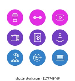 Vector illustration of 9 leisure icons line style. Editable set of tv, 18+, piano and other icon elements.